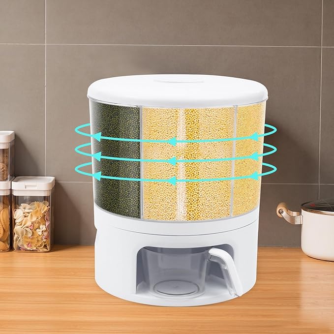 Cereal Dispenser, 6-grid 360° Rotating Grain Dispenser, Adjustable Compartment Size Clear Rice Dispenser, 11kg/24lbs Grain Storage Container, PET Round Granular Dry Food Dispenser, 11.61*13.19in White