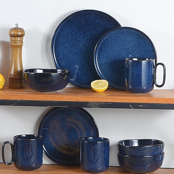 vicrays Ceramic Salad Plates Set - Porcelain 8 Inch Flat Dessert Appetizer Plate for Lunch Home Party Restaurant - Scratch Resistant Microwave Oven and Dishwasher Safe - Set of 6 (Blue)