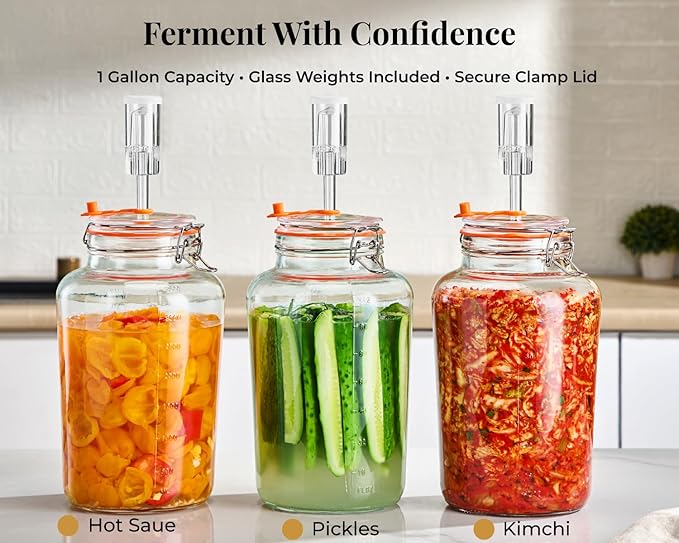 1 Gallon Fermentation Jars, 2 Pack Glass Fermentation Kit with Airlocks & Weights, Wide Mouth Fermenting Jars for Sauerkraut, Kimchi, Pickles, Mead & More