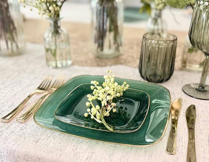 OCCASIONS 50 Green Disposable Plates (25 Guests) - Heavy Duty Square Plastic Dinnerware Set for Wedding Party, 25x10" Dinner + 25x7" Salad Dessert - Belize Square in Green & Gold