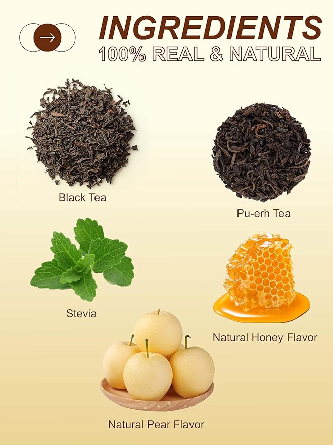 TeeLux Pear Honey Pu-erh Tea Bags, Premium Black & Pu-erh Blend with Natural Pear & Honey Flavor, Smooth & Sweet, 50 Count
