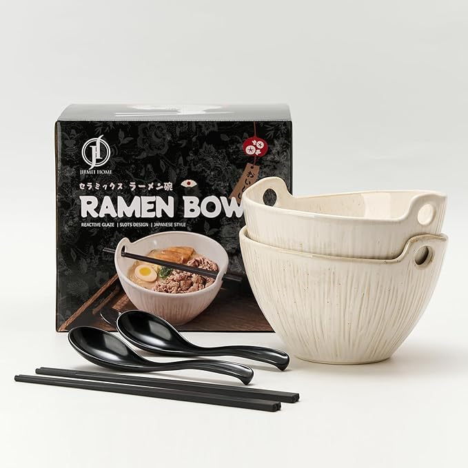 Ramen Bowl with Chopsticks and Spoons Set, 7 Inch Ceramic Noodle Bowl Set of 2, Dishwasher Safe for Pho Udon Soba Noodle Salad Pasta, Special Glazed Aged Ivory Speckle Bowls Set