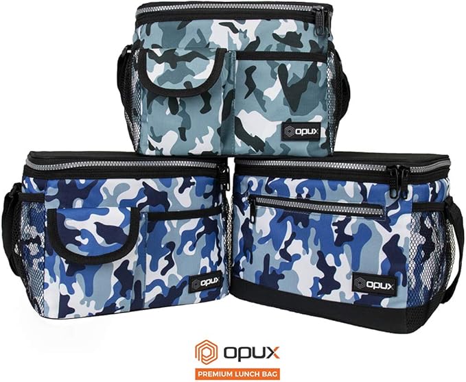 opux Insulated Lunch Box for Men Women Kids, Leakproof Reusable Lunch Bag Cooler for Work School Office, Soft Thermal Lunchbox Tote with Shoulder Strap for Boys Girls Adults, Camo Blue, 14 Can/8L