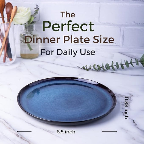 LERATIO Ceramic Plate Set of 6,8.5 Inch Reactive Glaze Light Weight Porcelain Salad Plates,Modern Shape Dinnerware Dishes Set for Kitchen,Microwave&Dishwasher&Oven Safe,Resistant-Indigo Blue