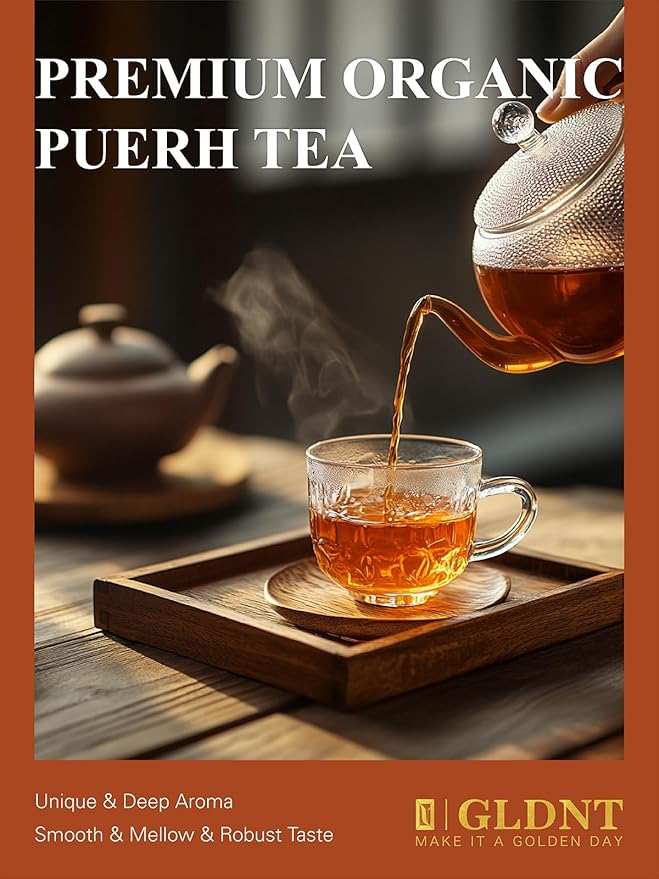 GLDNT Organic Pu-erh Tea, Yunnan Ripe Pu'erh Tea Loose Leaf, Fermented Dark Tea, Bold & Smooth Flavor, Caffeinated, 16oz