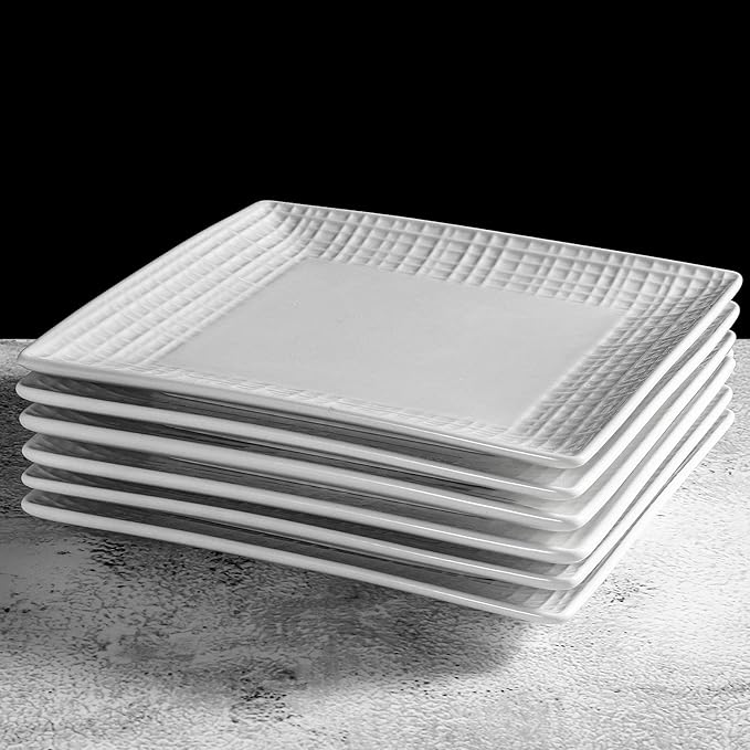 Square Dinner Plates, Set of 6, 6 Inch White Ceramic, Embossed Crisscross, Safe for Dishwasher, Microwave and Oven
