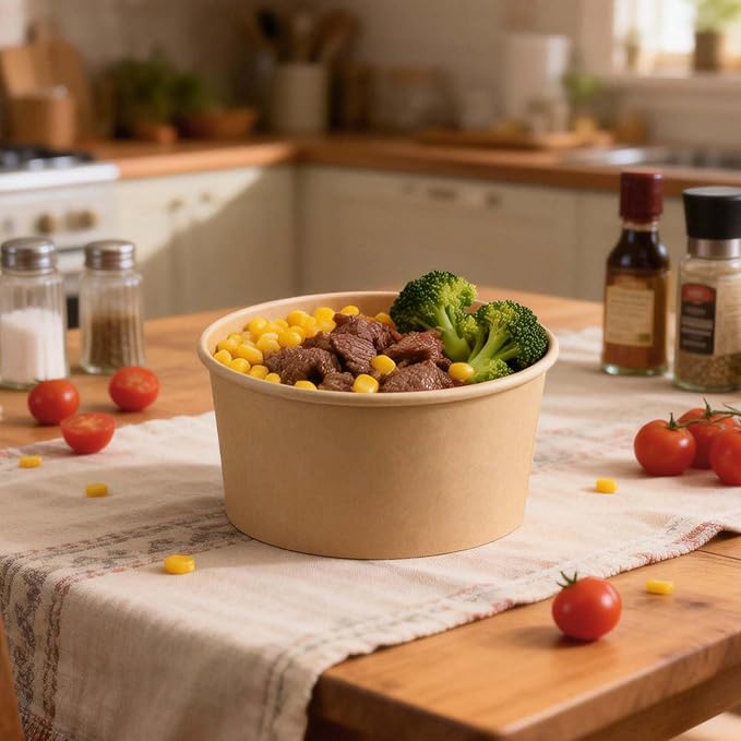 25 oz Disposable Kraft Paper Bowls with Lids and Sporks, 48 Sets Leak-Proof Meal Prep Containers for Hot & Cold Food, Soup, Salad, Snacks, Ice Cream, Desserts, Food Bowls