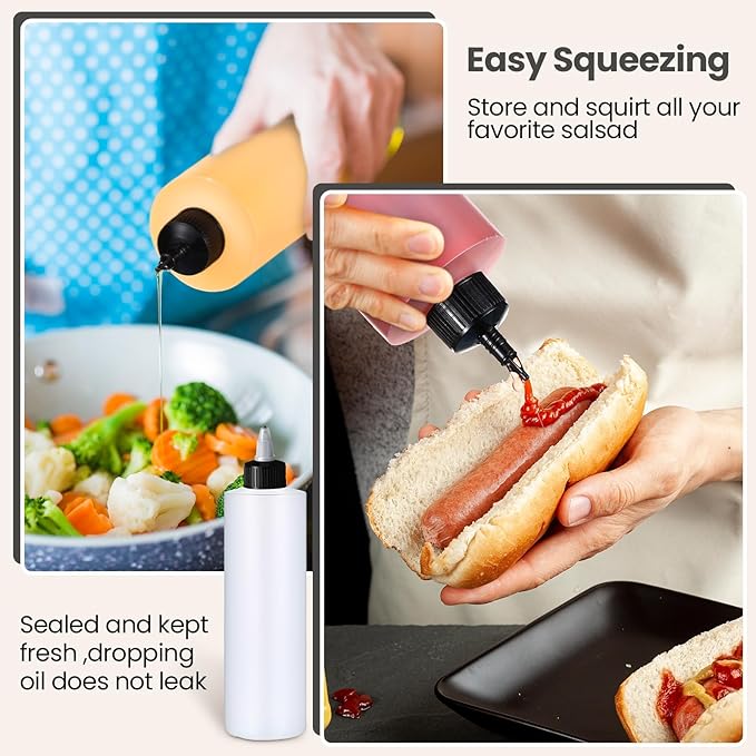 Irenare 30 Pack Plastic Condiment Squeeze Bottles for Sauces Empty Squirt Bottle with Top Cap for Condiment BBQ, Dressing, Paint, Workshop, Crafts(Black,16 oz)