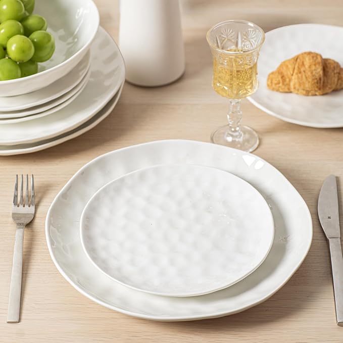 HOMBENE Dinner Pasta Set for 6, Dinner Plates, Salad Snacks Plates for Kitchen, Porcelain Dinner Plate, Microwave & Dishwasher Safe, Dinnerware Set, 10.5 Inches, Sun-glitter Style, White