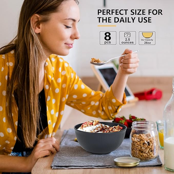 PYRMONT Unbreakable Cereal Bowl 26 OZ Wheat Straw Bowls Set of 8 Alternative Plastic Bowls Reusable Dishwasher & Microwave Safe Breakfast Bowls for Party Kitchen Bowls for Soup,Dinner-Black to Grey