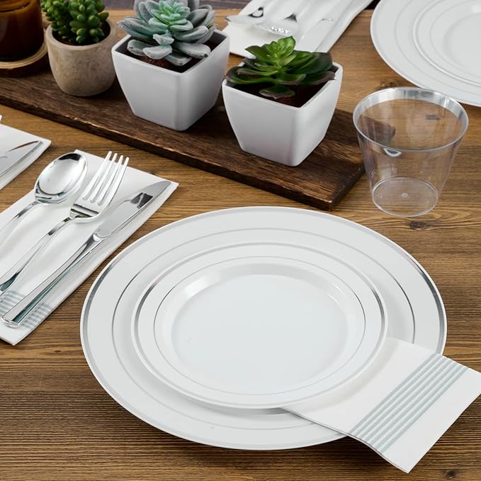 FOCUSLINE Silver Plastic Plates Set of 60, Disposable Plates with Silver Rim 30 Dinner Plates 10" and 30 Salad Dessert Appetizer Plate 7", Elegant Fancy Heavy Duty Wedding Party Plates