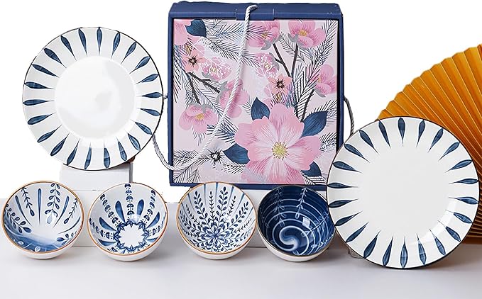Ceramic Plates and Bowls Set, Japanese Style Dinnerware Set with Gift Box - Blue and White - 4 Rice Bowls and 2 Pasta Bowls - Kitchen Gifts for Women