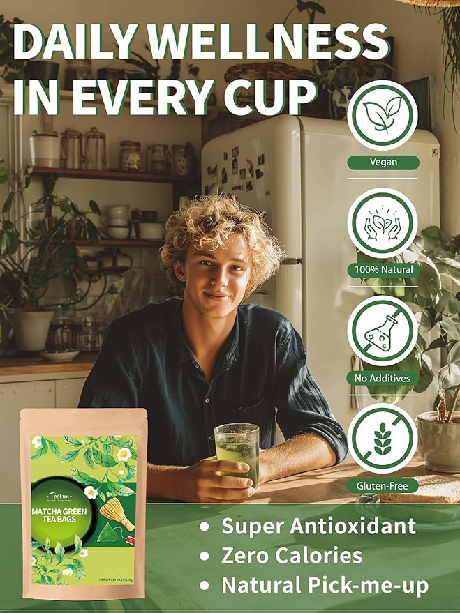 TeeLux Matcha Green Tea Bags, Classic Premium Japanese Matcha + Sencha Green Tea, Super Antioxidant, Zero Calories, Caffeinated, 100 Count
