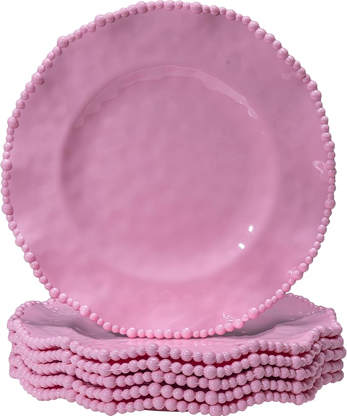 Pink Beaded Dinner Plates sets, 11 inch Unbreakable Melamine Plate Set of 6, Lightweight Dinnerware Plates, 6 Piece big Salad Plates Set, Chip Resistant Camping Dishes