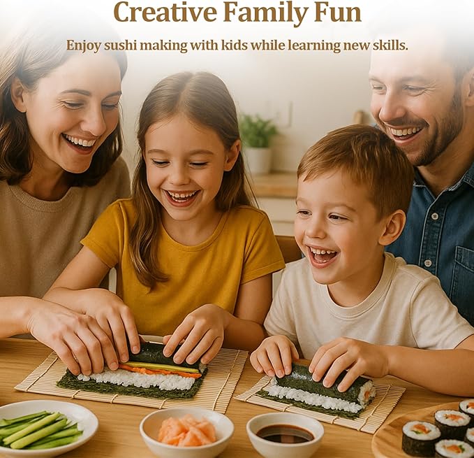 Sushi Making Kit, 6 PCS Beginner Sushi Maker Set, Including 2 Green Bamboo Rolling Mats, 2 Pairs Chopsticks, 1 Paddle,1 Spreader, Natural Bamboo Material, Ideal Gift for Kids, Friends, Home Chef