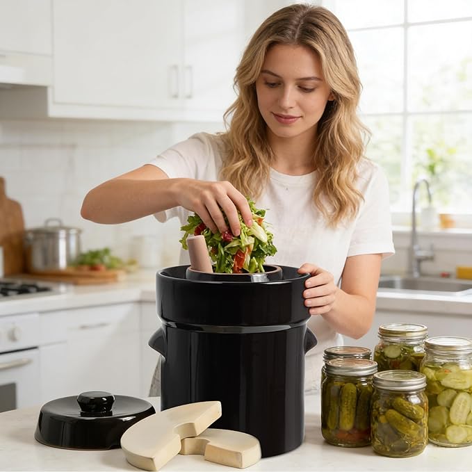 Seeutek Fermentation Crock Jar 5 Liter / 1.3 Gallon - Stoneware Pot for Fermenting, Pickling Kimchi, Pickles, Vegetables, Kombucha - Glazed Fermenter with Stone Weights, Lid & Pickle Tamper