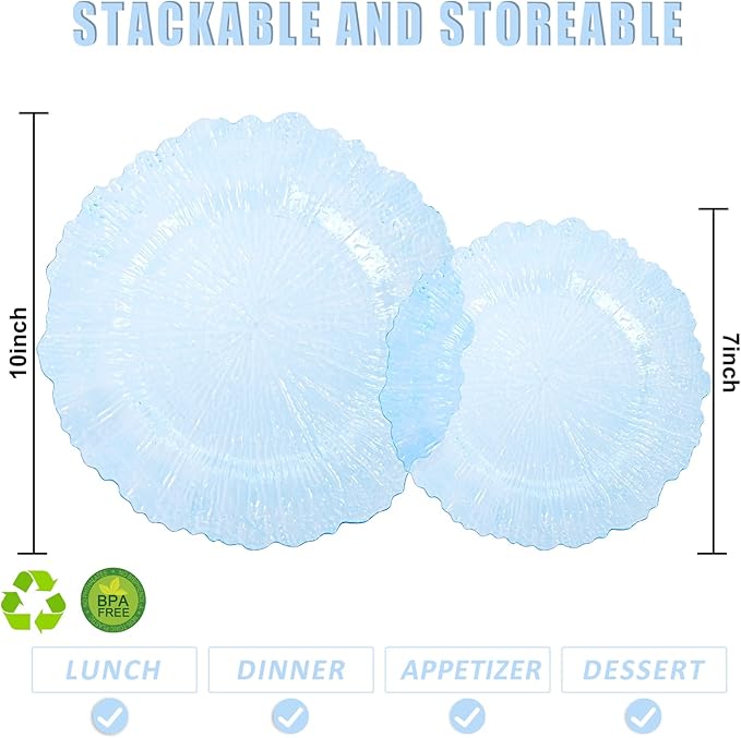 U-QE 60PCS Clear Blue Plates - Blue Plastic Fathers Day Plates Disposable&Reusable - Heavy Duty Plastic Plate for Fathers Day, Party&Wedding Including 30 Dinner Plate 10" & 30 Appetizer Plate 7"