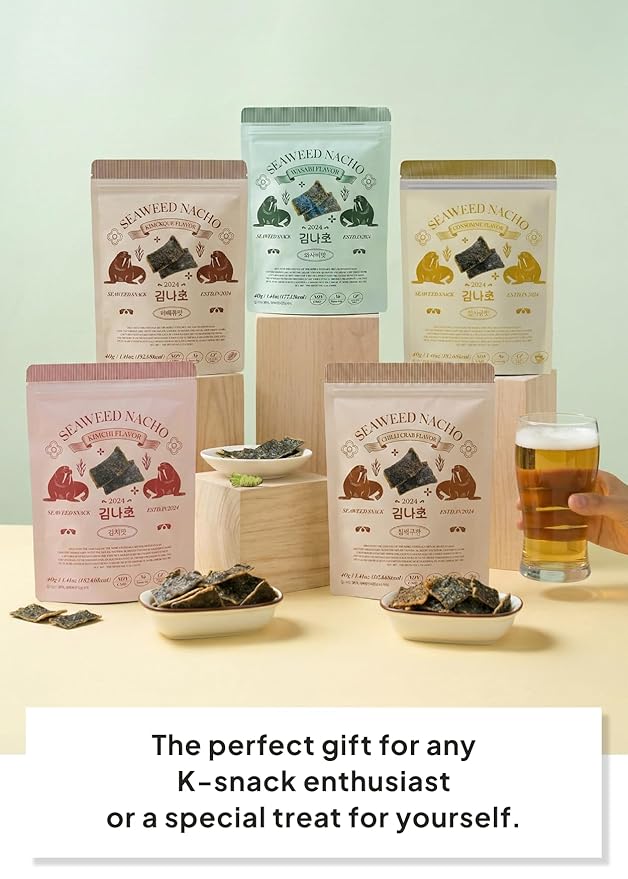 Korean Food Seaweed Nachos Variety Pack (5-Flavor Bundle) - Kimchi, Sweet Corn, BBQ, Wasabi, Chili Crab, 1.41oz x 5 Packs | Crispy Kim-Bugak Chips, Non-GMO & Gluten-Free Healthy Asian Snacks