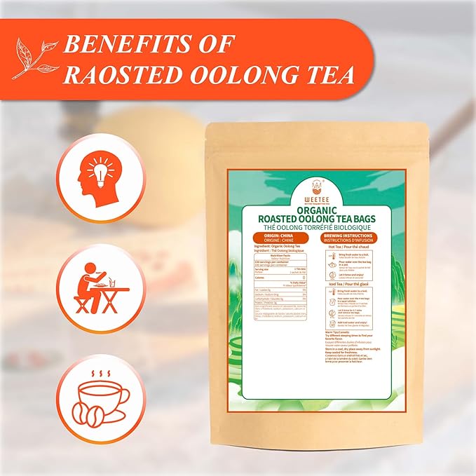 WT WEETEE Organic Roasted Oolong Tea Bags, Organic Black Oolong Tea 100 Count, Charcoal-roasted Aroma, Smooth & Refreshing, Good for Meal Accompaniment