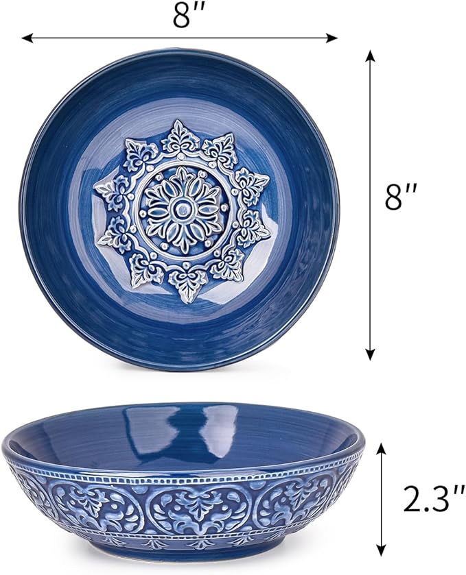 Sungmor Embossed Stoneware Fine Dining Dinnerware, Antique Baroque Style Porcelain 8 Inch Large Serving Bowls Set of 2, Sophisticated Ceramic Bowls for Salad, Soup, Cereal, Pasta