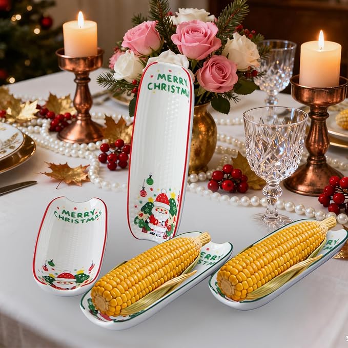Cinf Ceramic Corn Cob Holders 8.8" Corn Dishes Set of 4, Xmas Dishes Non-slip Bottom Christmas Gifts Microwave Dishwasher Oven Safe (Xmas)