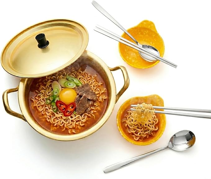 xenoz Korean Ramen Pot Set 2 Person Aluminum Cooking Pot with 2 Bowls Chopsticks Spoon Lightweight Korean Cookware for Noodles Soup Dorm Cooking Made in Korea
