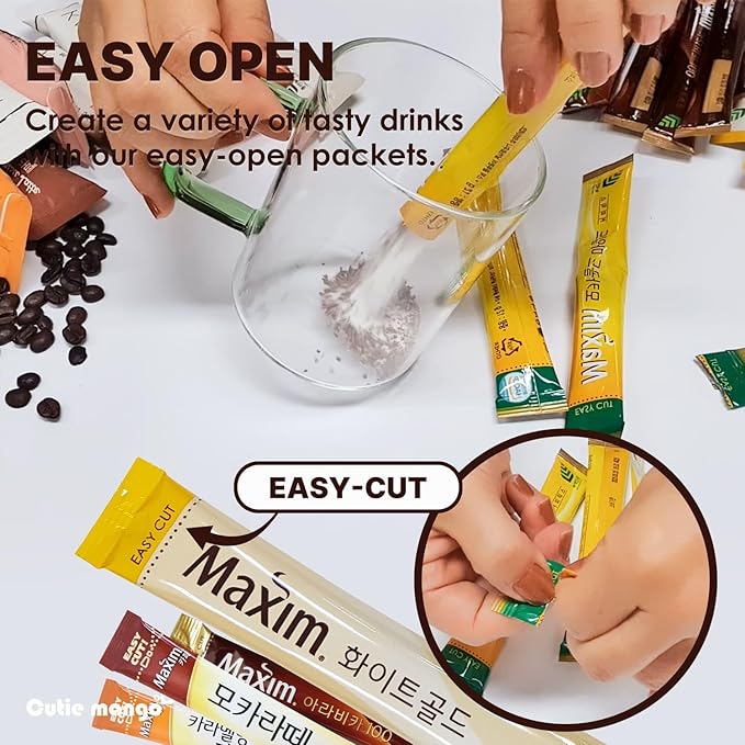 Korean Instant Coffee Mix Variety 20 Sticks (4 Types) Maxim Instant Single Serve Mocha White Arabica Original Flavors (5 Sticks Each)