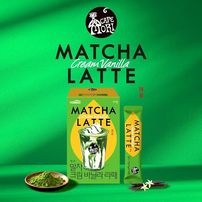 ROASTIQUE Official Café Mori Jeju Matcha Latte, 10 Sticks, 90 Calories, Ceremonial Grade Green Tea Powder Sweetened Café Quality Drink Mix, Cream Vanilla, 7 oz