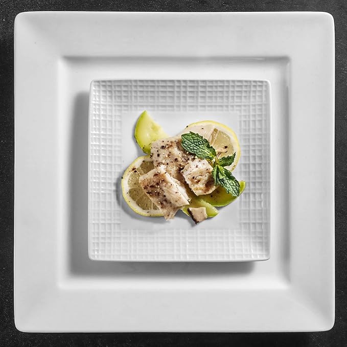 Square Dinner Plates, Set of 6, 6 Inch White Ceramic, Embossed Crisscross, Safe for Dishwasher, Microwave and Oven