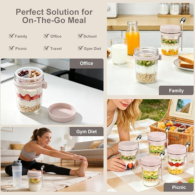 4 Pack Overnight Oats Containers with Lids and Spoons - 16 oz Glass Mason Jars with Dressing Cup, Over night Oat Jars for Meal Prep, Yogurt Parfait Cup for Chiaseed Salad (Beige)
