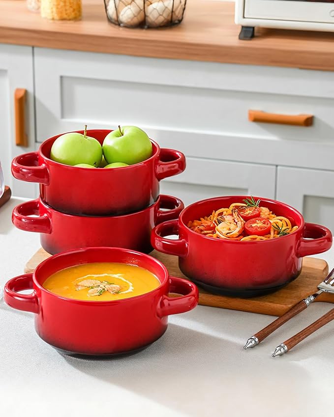 French Onion Soup Bowls with Handles, Oven & Microwave Safe, Set of 4 28 Oz Porcelain Soup Bowls for Chili, Stew, Pasta, Pot Pies – Stackable, Dishwasher Safe, Durable Ceramic Dinnerware