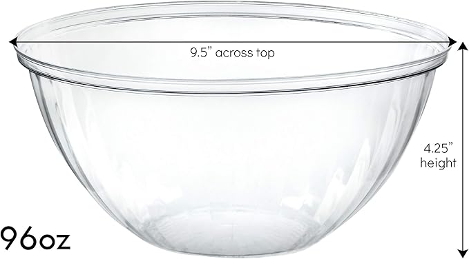 PLASTICPRO Disposable 96 Ounce Round Crystal Clear Plastic Serving Bowl With Lid - Party Snack or Salad Container, Chip and Candy Dish - Pack of 4