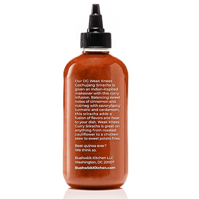 Weak Knees Curry Sriracha Hot Sauce - Infused with Aromatic Curry Spices & Bold Korean Gochujang Paste for Rice, Vegetables & Marinades - Made in the USA - 10.5oz Squeeze Bottle