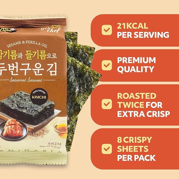 Kim’s Table Kimchi Korean Seaweed Snack, Kimchi Spicy Flavor Gluten Free Vegan Snack– Healthy Korean Food Seasoned Seaweed Sheets, Light & Crispy, Healthy Low Calorie 6 Convenient Packs (0.14oz Each) 김치 맛 한국 김