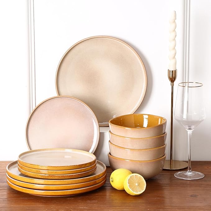 vicrays Ceramic Dinner Plates Set - Porcelain 10 Inch Flat Steak Pasta Pizza Plate Home Party Restaurant Plate Scratch Resistant Microwave Oven and Dishwasher Safe Set of 6 Beige