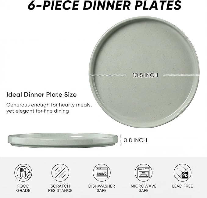 E-far Dinner Plates Set of 6, 10.5 Inch Stoneware Dinner Plate with Raised Edges, Chip & Scratch Resistant | Microwave & Dishwasher Safe Modern Ceramic Dishes for Dessert Salad, Speckled Green