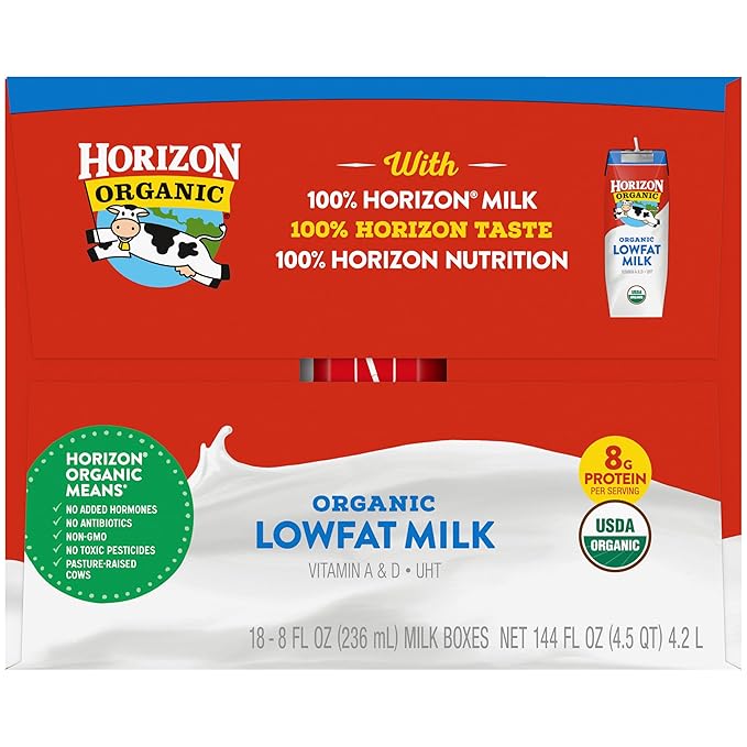 Horizon Organic Shelf Stable 1% Lowfat Milk Boxes, Pack of 18 - 8g Protein per Serving