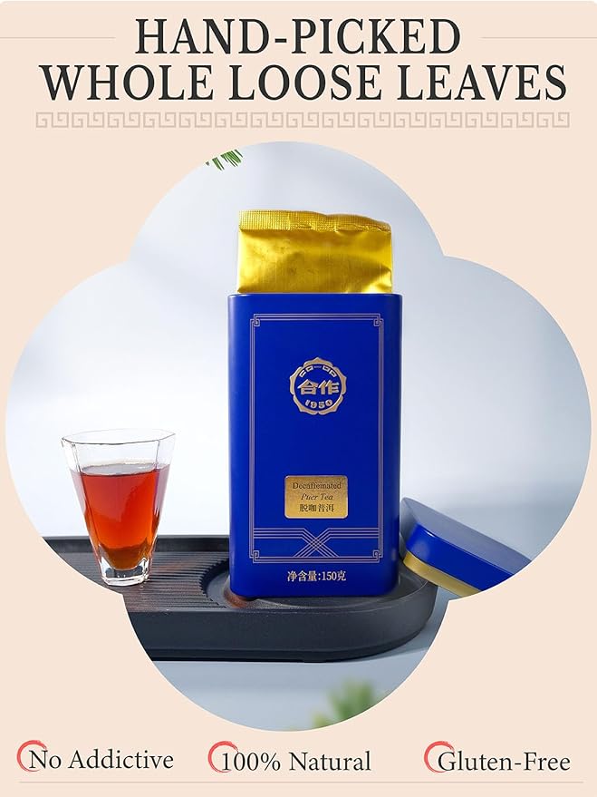 CO-OP 1950 Decaf Puerh Tea Loose Leaf, Decaffeinated, 150g, Premium Yunnan Large-Leaf Aged Fermented Tea, Smooth, Rich & Smooth, No Additives, 20 Empty Teabags Included, Tin