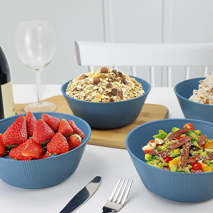 PYRMONT Large Salad Bowl 36 Oz Wheat Straw Bowls Set of 8 Alternative Plastic Bowls Reusable Dishwasher & Microwave Safe Unbreakable Bowls for Kitchen Large Mixing Bowls for Popcorn,Ramen-Blue