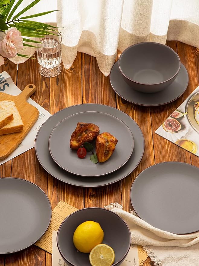 Famiware Venus Plates and Bowls Sets with Trim, 18 Pieces Speckled Stoneware Dinnerware Set for 6, Matte Dark Gray - Modern Minimalist, Microwave & Dishwasher Safe Dishes for Everyday & Formal Dining