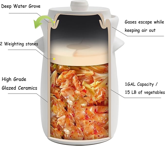 Fermentation Crock 3.8Liter/1 Gallon Stoneware Pot for Fermenting, Pickling Kimchi, Pickles, Vegetables, Kombucha - Glazed Fermenter with Stone Weights, Lid & Pickle Tamper-White Crock