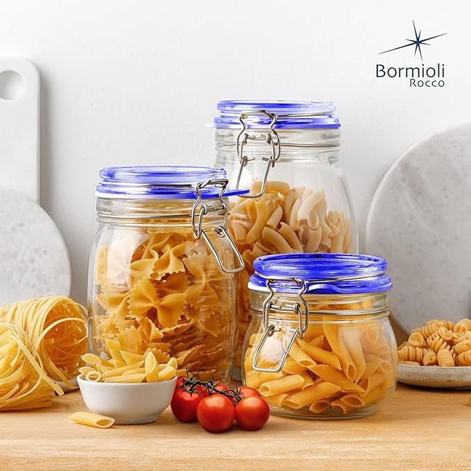 Bormioli Rocco Fido Square Jar with Blue Lid, 67.5-Ounce, 149550MRF121990