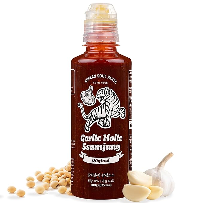 Korean Garlic Holic Ssamjang Squeeze Tube Vegan Gluten-Free Spicy and Sweet Seasoned Bean Paste for Korean BBQ Essential, Korean BBQ Dipping Sauce with Calamansi & Double Garlic - Vegan, Non-GMO, 10.1oz (300g)