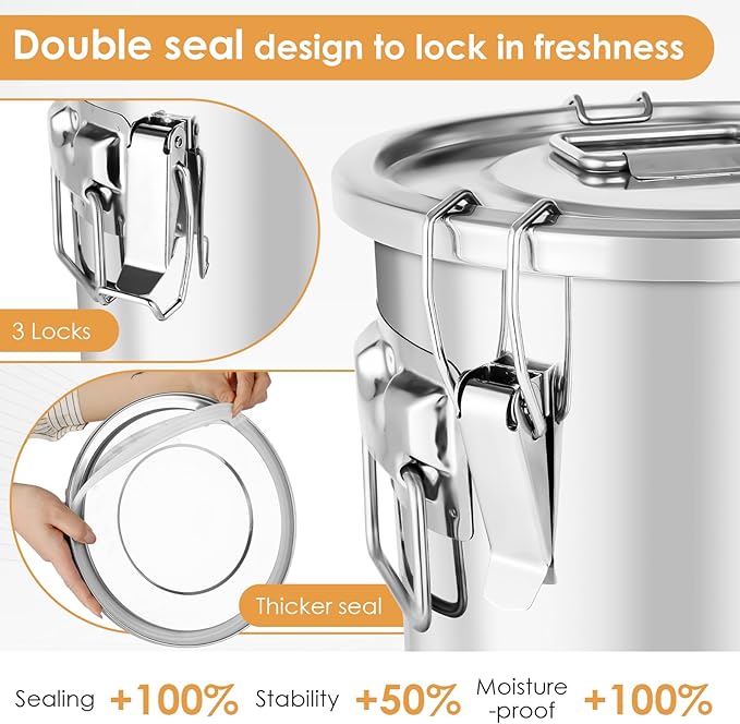 304 Stainless Steel Food Containers with Lids,21L/40LBS Airtight Food Storage Containers with Lock Clips for Flour Rice Sugar Coffee Bean,Stainless Steel Food Storage Containers for Kitchen