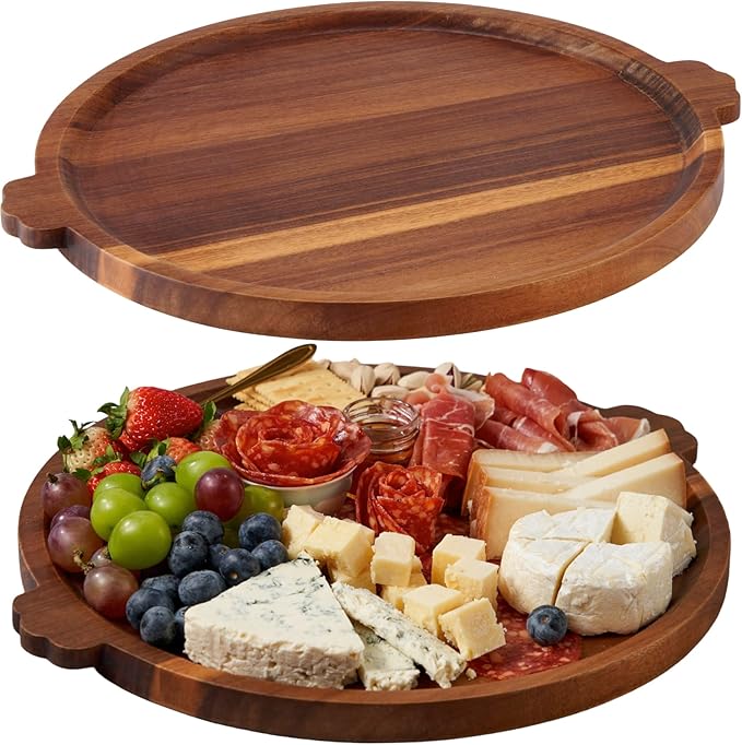 Charcuterie Board | Acacia Wood Serving Tray with Handles 13'' | Round Decorative Ottoman Coffee Table Tray | Circular Wooden Cheese Board Serving Platter for Party Supplies