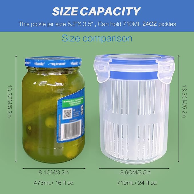 KIKINIKO Pickle Jar 24 oz pickle container with strainer Pickle Holder Keeper Lifter, pickle storage container suitable for pickling small jars of kimchi, Flip Jar with Leak Proof and Lock It Lid