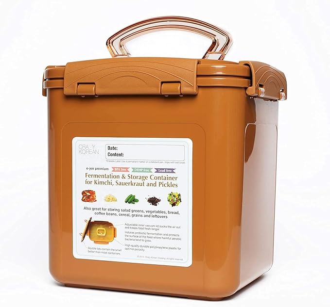 Crazy Korean Cooking Premium Kimchi, Sauerkraut Fermentation and Storage Container with Inner Vacuum Lid (1.6 Gal Sandy Brown (6.4L))