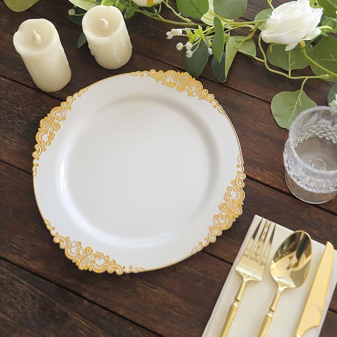Efavormart 10 Pack | 10" White and Gold Baroque Dinner Plates, Leaf Embossed Metallic Rim Heavy Duty Serving Plates for Formal Wedding Banquets