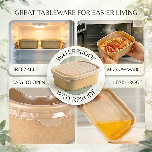 TOPtoper 50 Pack 25 OZ Disposable Meal Prep Containers with Lids and Forks, Large Kraft Paper Bowls for Party, Disposable Food Containers with Lids, Freezer and Microwave Safe Meal Prep Containers
