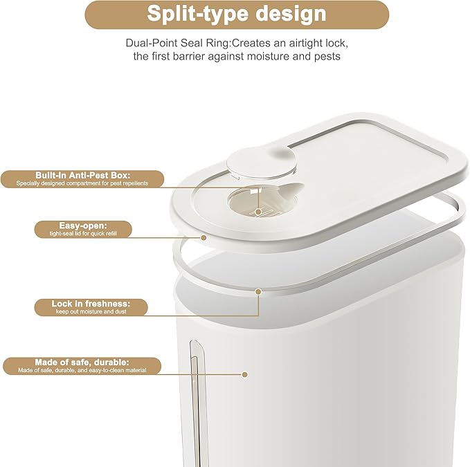 Rice Storage Container with Measuring Cup, Food Grain Dispenser for Dry Goods, Multi-Purpose Kitchen Pantry Storage Box (White-10 pounds)